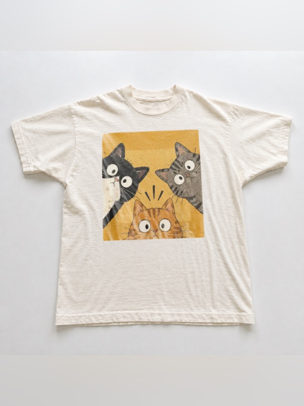 Off White T-Shirt with Yellow Cat Panel and Trio Graphic